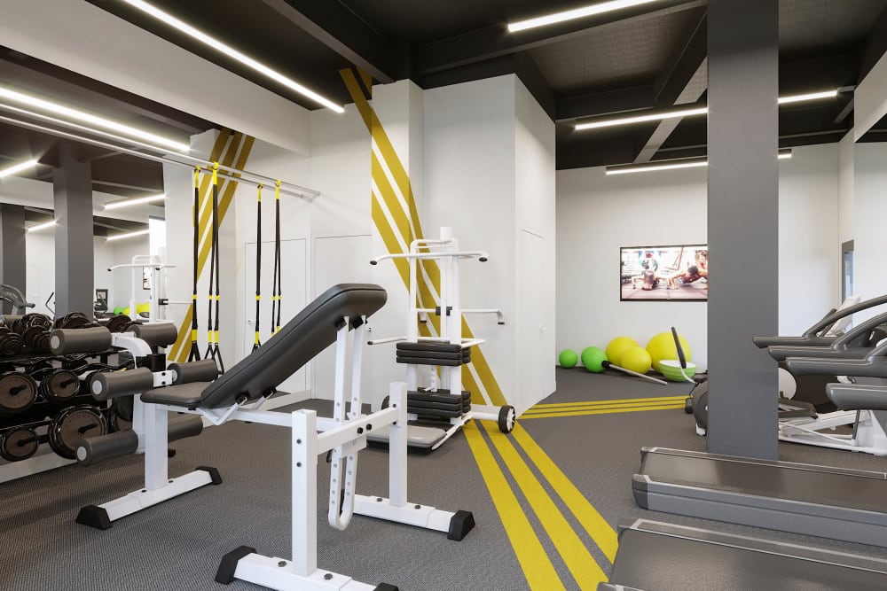 Gym area at Arthaus Apartments in Allston, Massachusetts