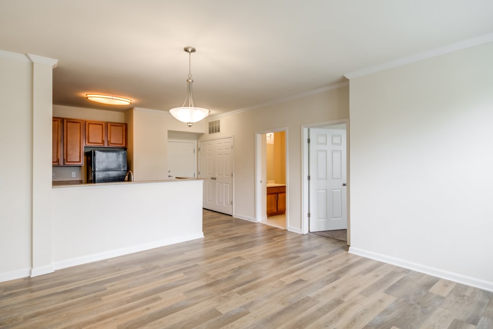 The west living room with wood-style flooring at Manassas Station Apartments in Manassas, Virginia