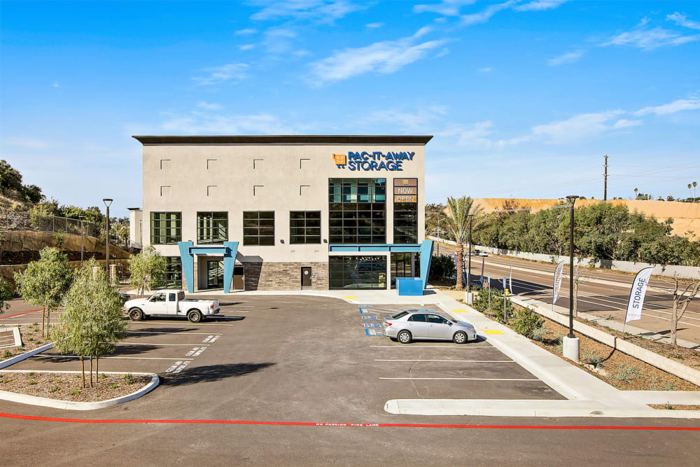 Exterior of the main entrance and parking lot at Pac-It-Away Storage in San Diego, California