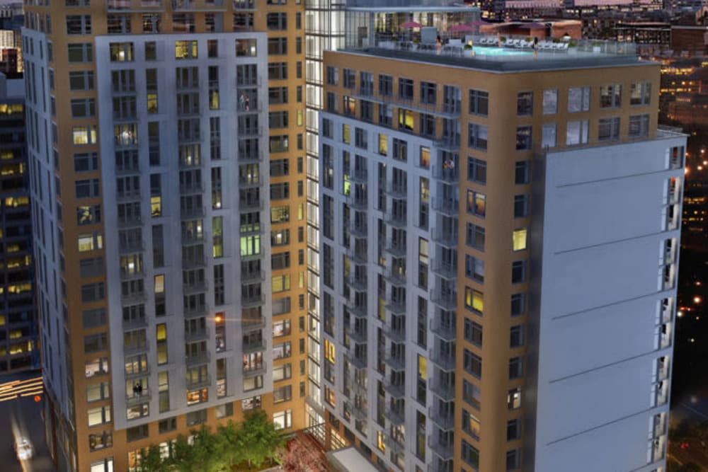 Aerial view of the exterior of the building at Solaire 8250 Georgia in Silver Spring, Maryland