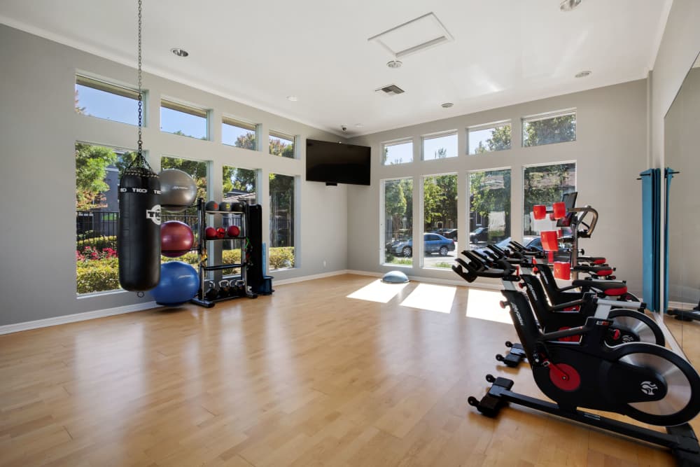 A gym room with treadmills and exercise equipment at Miramonte and Trovas in Sacramento, California