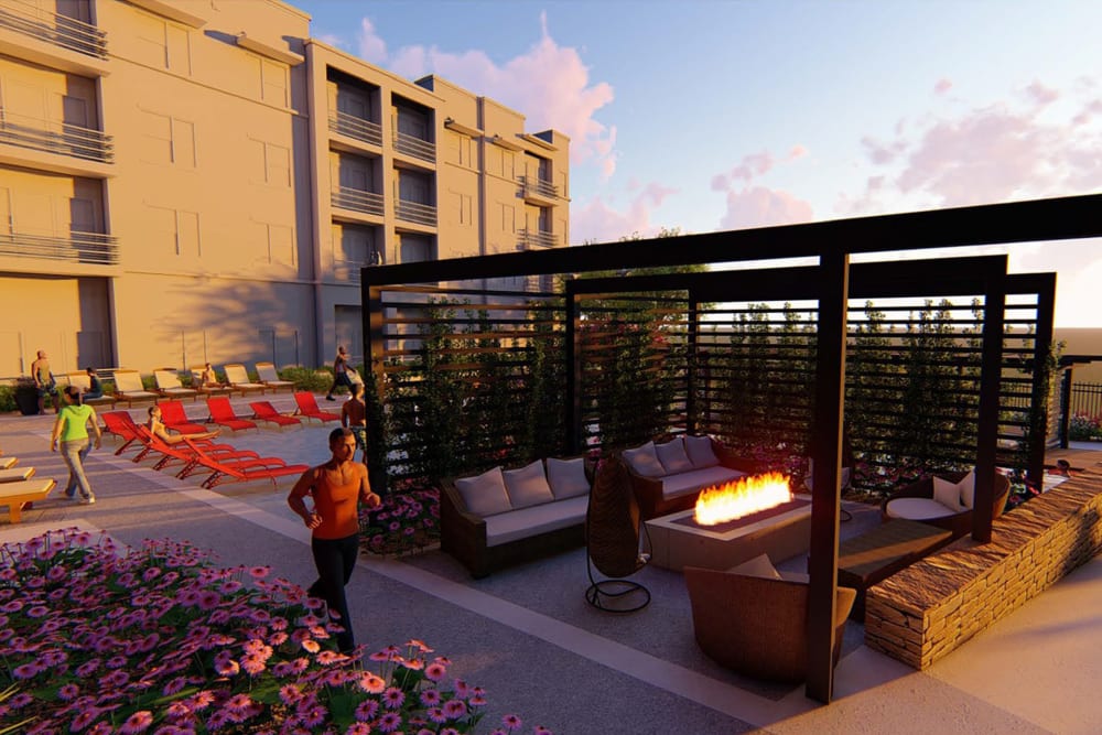 Outdoor fireside lounge at Magnolia on the Green in Allen, Texas