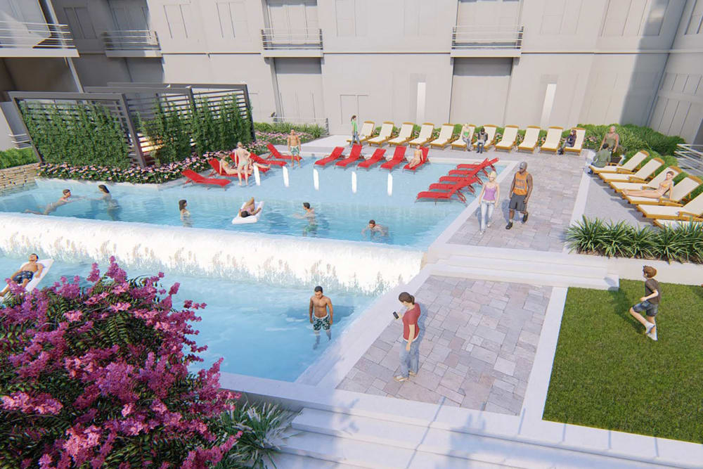 Lush courtyard next to the swimming pool at Magnolia on the Green in Allen, Texas