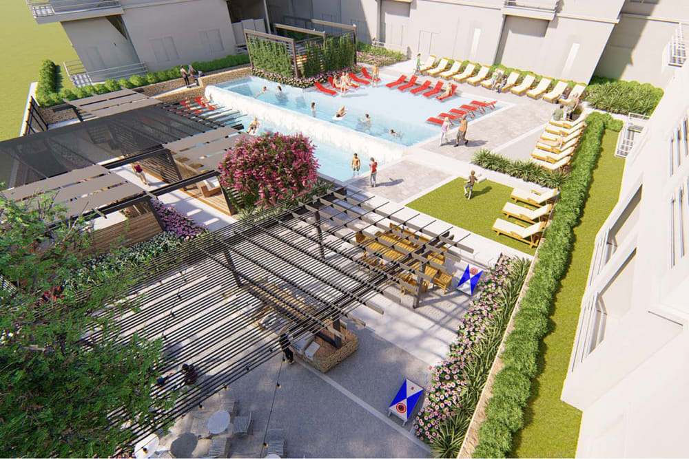Aerial view of Magnolia on the Green's outdoor courtyard in Allen, Texas