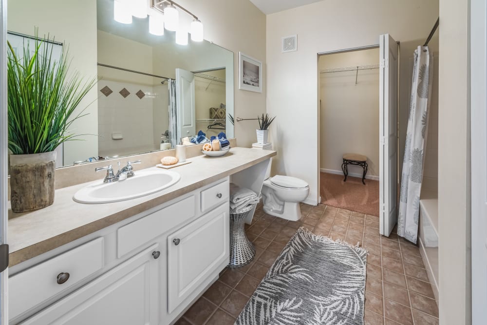 Large decorated bathroom at Eddison at Deerwood Park in Jacksonville, Florida