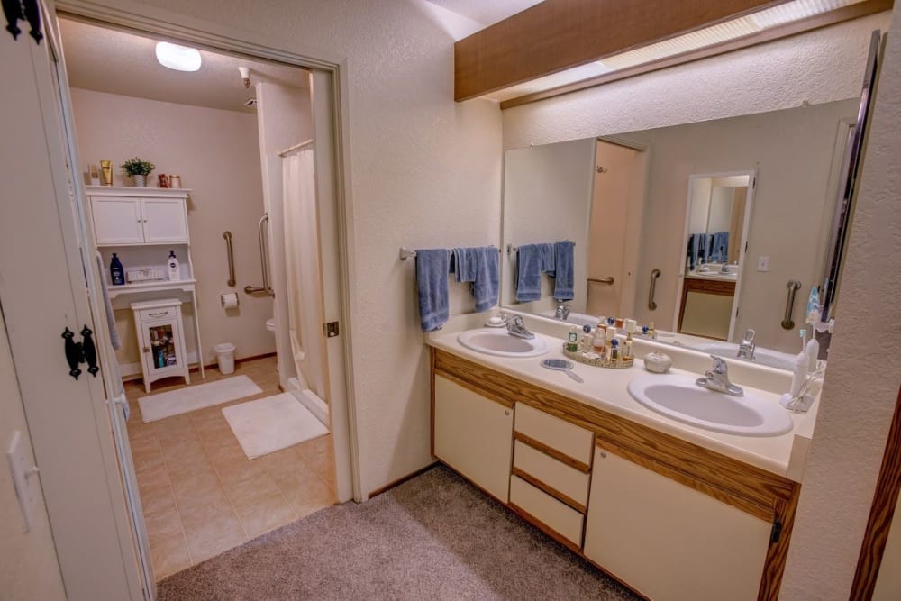 Bright bathroom at Golden Pond Retirement Community in Sacramento, California