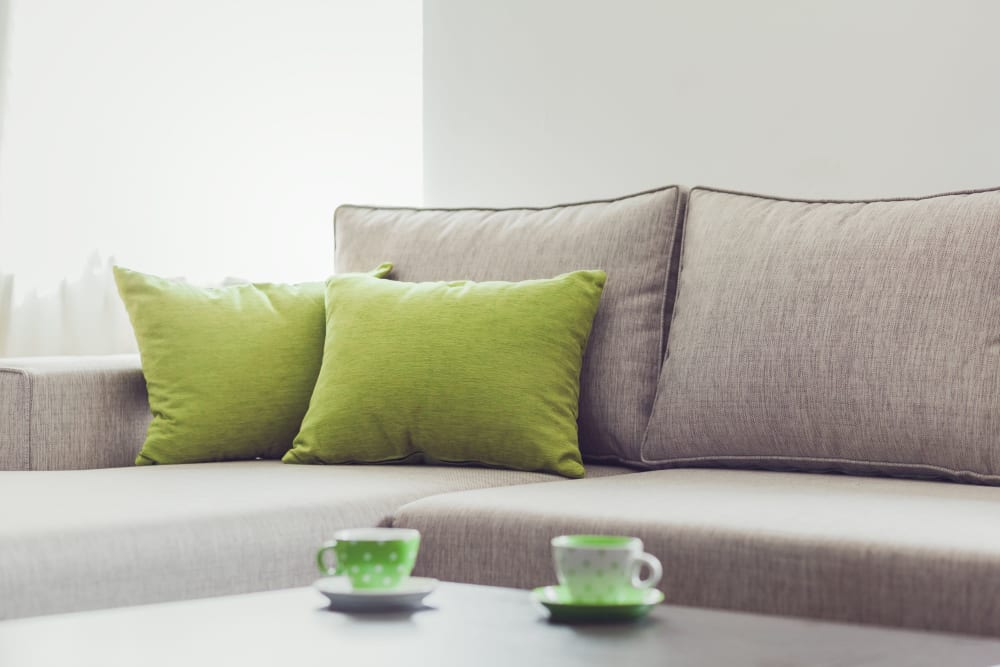 Bright green throw pillows at Fairbrooke Senior Apartments in Aberdeen, Maryland