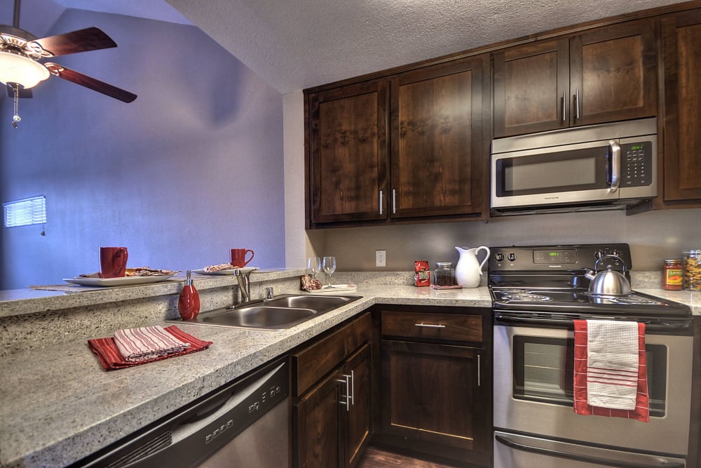 Apartment kitchen at Larkspur Woods in Sacramento, California