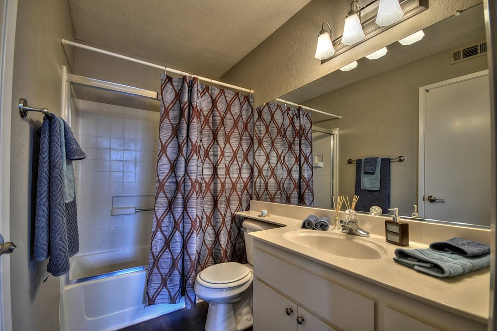 A bathroom with a large vanity mirror at Larkspur Woods in Sacramento, California