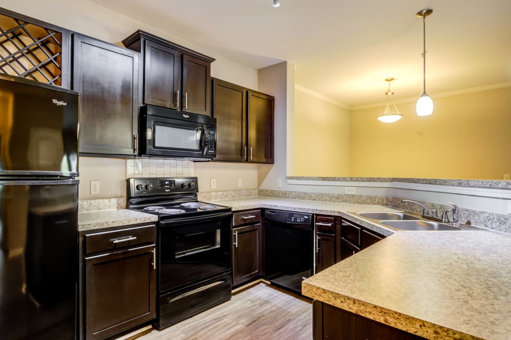 Luxury kitchen with black appliances at Ansley Commons Apartment Homes in Ladson, South Carolina