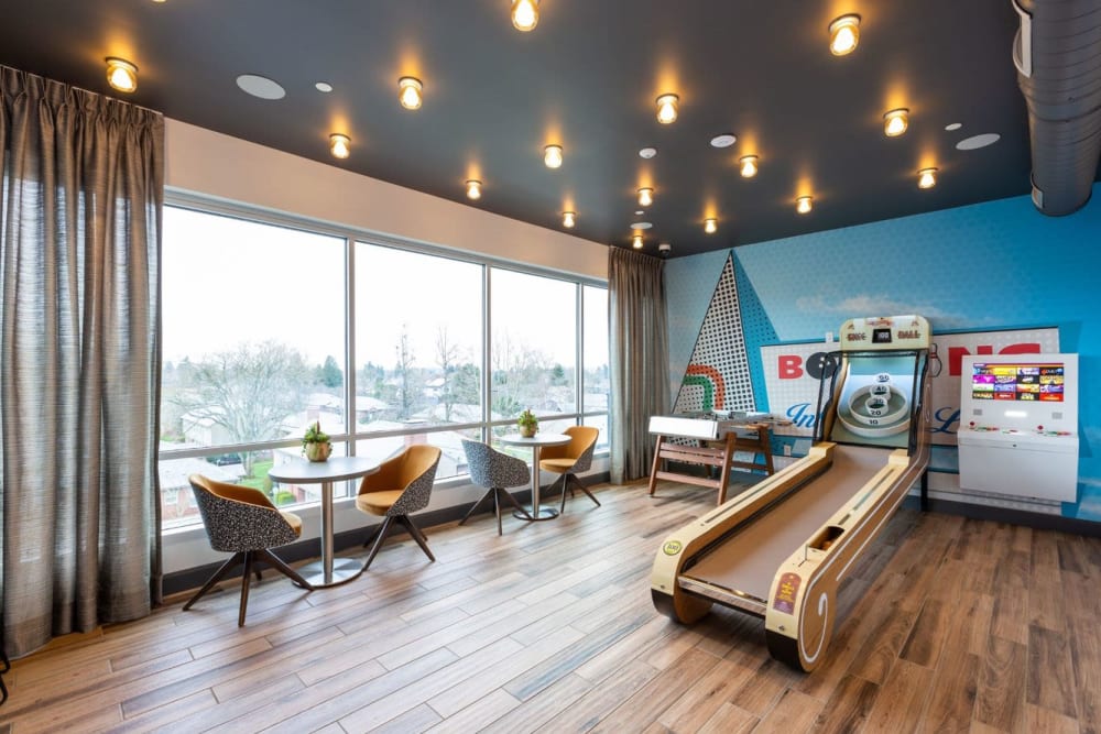 Arcade lounge at ArLo Apartments in Portland, Oregon
