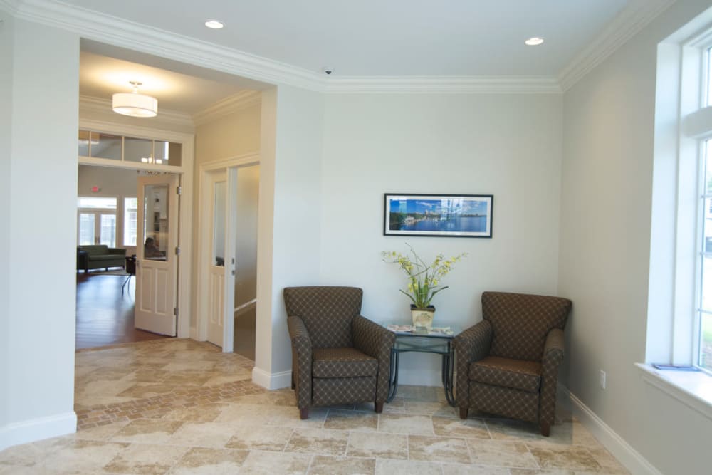Lobby seating area at Park Village West in Westborough, Massachusetts