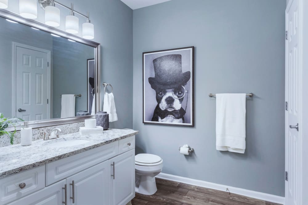 Bathroom with lots of lights on mirror at Sofi at Salem Station in Salem, Massachusetts