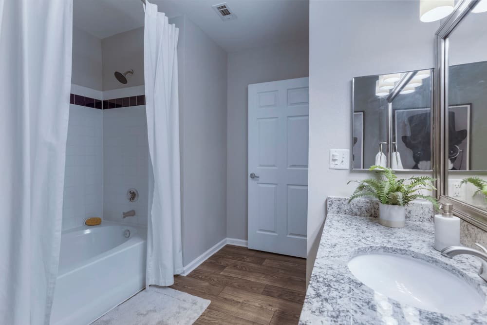 Shower bathtub combo in bathroom at Sofi at Salem Station in Salem, Massachusetts