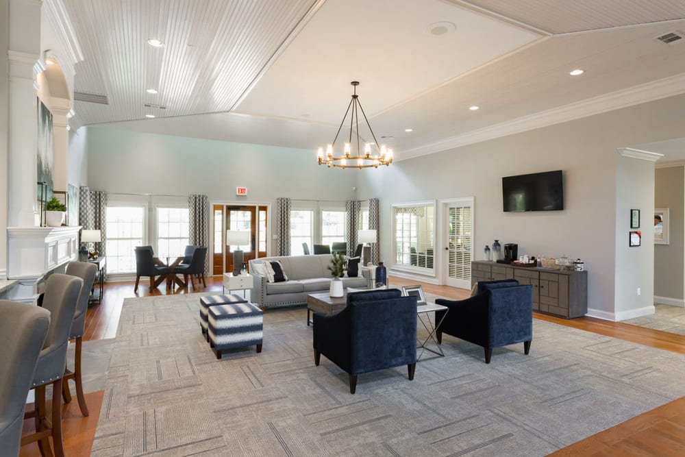 Bright and welcoming lobby interior at The Vinings at Newnan Lakes in Newnan, Georgia