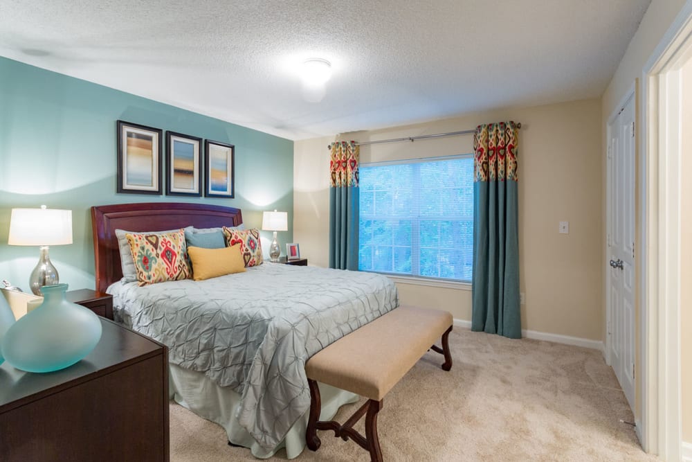 Accent wall and plush carpeting in the primary bedroom of a model home at The Vinings at Newnan Lakes in Newnan, Georgia