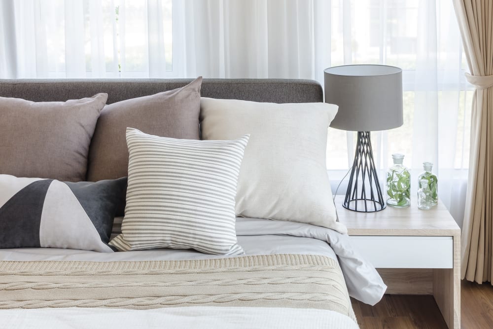 Bright bedroom at Lakeview Residences in Aurora, Illinois