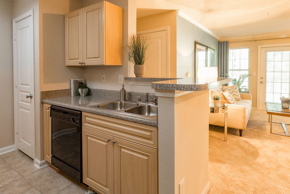 Granite countertops and black appliances in a model home's kitchen at The Vinings at Newnan Lakes in Newnan, Georgia