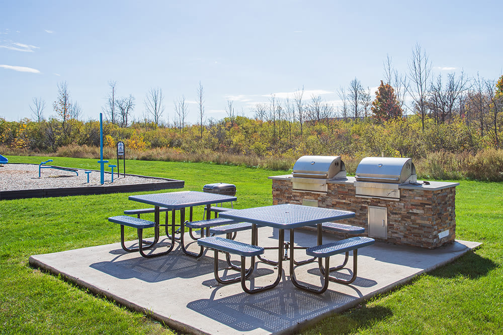 Grilling stations at Gateway Landing on the Canal in Rochester, New York