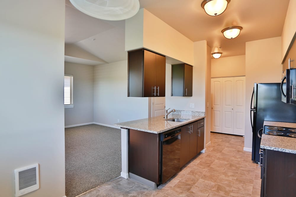 an equipped kitchen at Southtown Apartments in Monmouth, Oregon