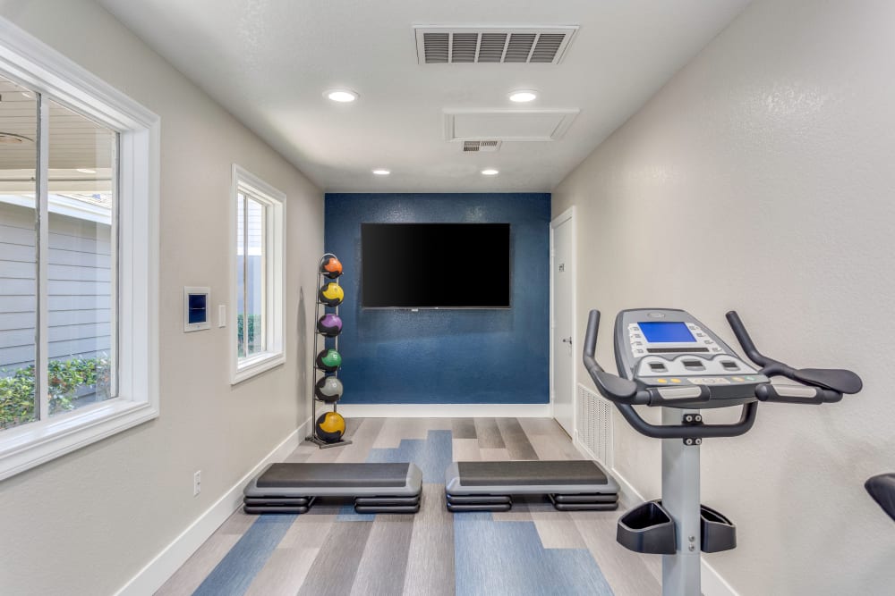 The fitness center complete with a fitness on demand room at Village Oaks in Chino Hills, California