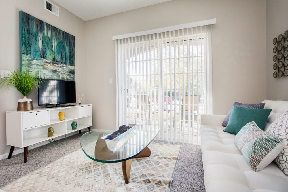 A living room with patio access at Southgate Landing in Louisville, Kentucky