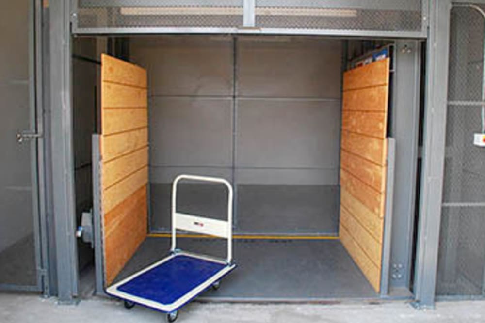 Elevator and large dolly at Storage Solutions in Manteca, California