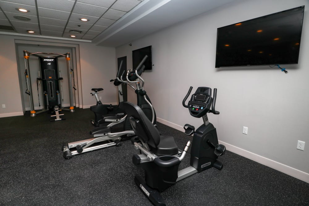 Stationary bike with tv in the clubhouse at Creekview Court in Getzville, New York