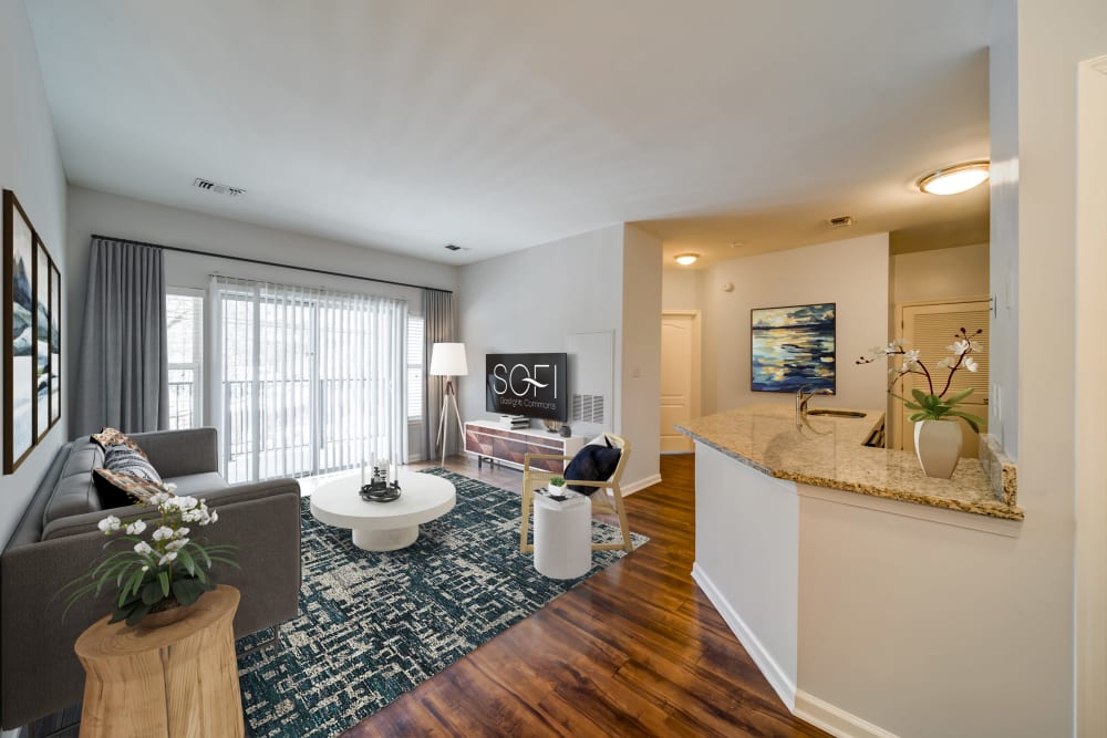 Kitchen and living area at Sofi Gaslight Commons in South Orange, New Jersey