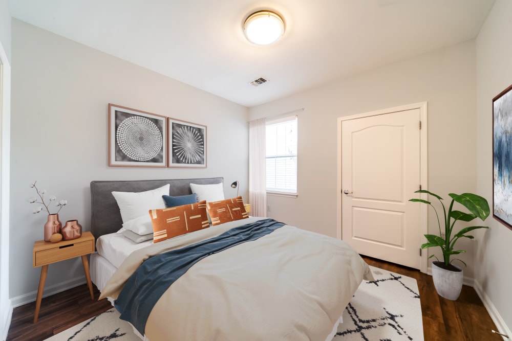 Open bedroom in a model home at Sofi Gaslight Commons in South Orange, New Jersey