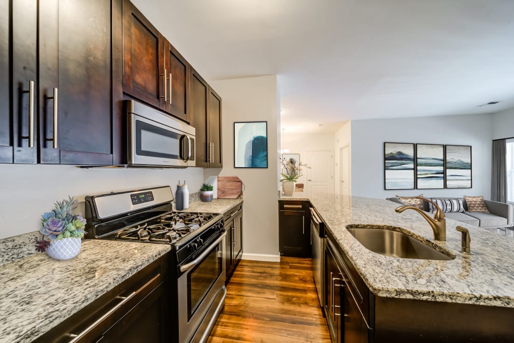 Kitchen with modern appliances at Sofi Gaslight Commons in South Orange, New Jersey