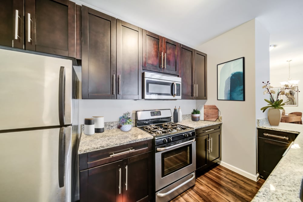 Bright kitchen with modern appliances at Sofi Gaslight Commons in South Orange, New Jersey