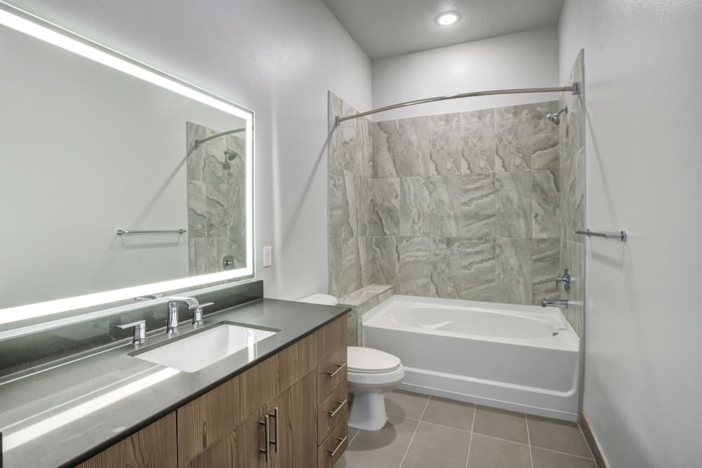 Oversized bathroom with tub and back-lit mirror at The District Flats in West Palm Beach, Florida