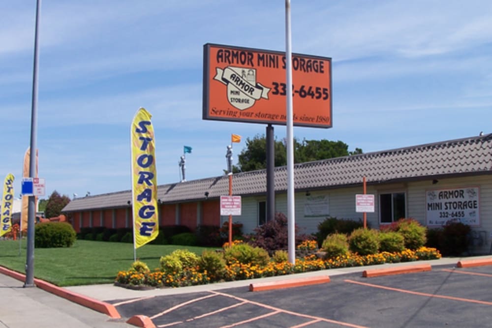 The front sign at Armor Self Storage in Sacramento, California