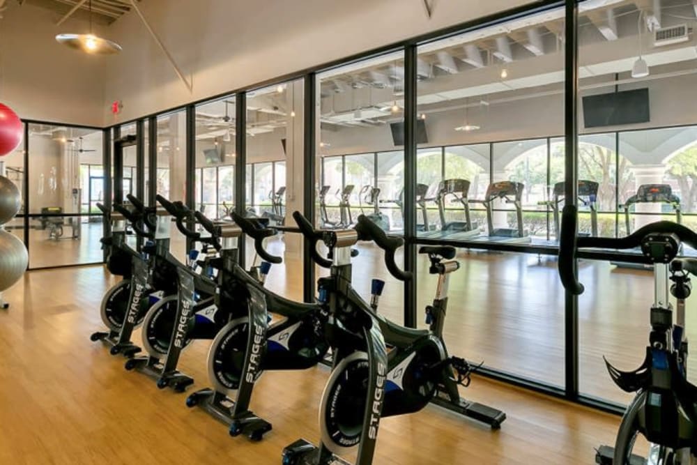 Spin and yoga room at Alesio Urban Center in Irving, Texas