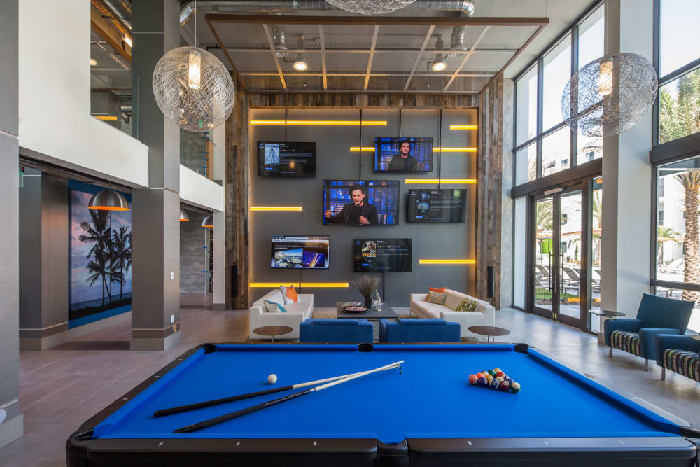 Pool table in the clubhouse lounge area for students to hang out at University Park in Boca Raton, Florida