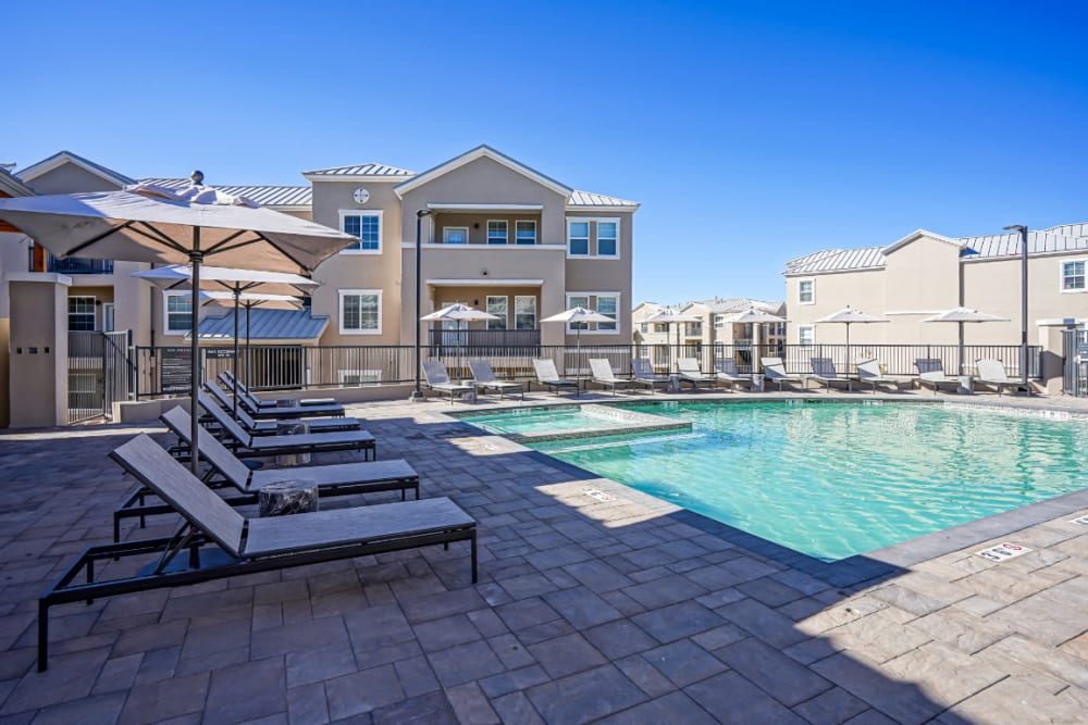 Resort-style swimming pool at Olympus Rodeo in Santa Fe, New Mexico