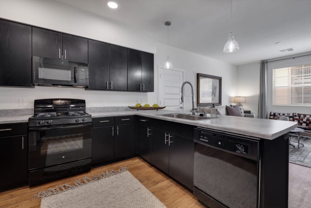 Rich, dark wood cabinetry and stainless-steel appliances in a model home's kitchen at Olympus Rodeo in Santa Fe, New Mexico