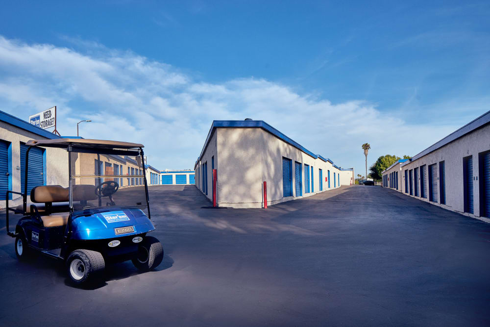 Golf cart with and storage units at San Marcos, California
