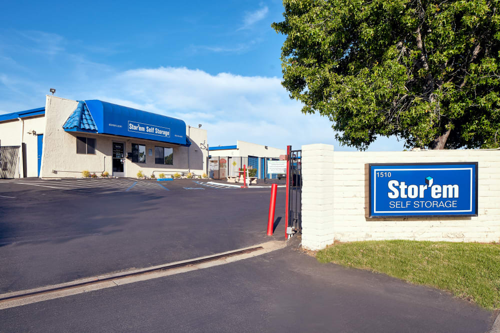 Street view of the entrance at Stor'em Self Storage in San Marcos, California