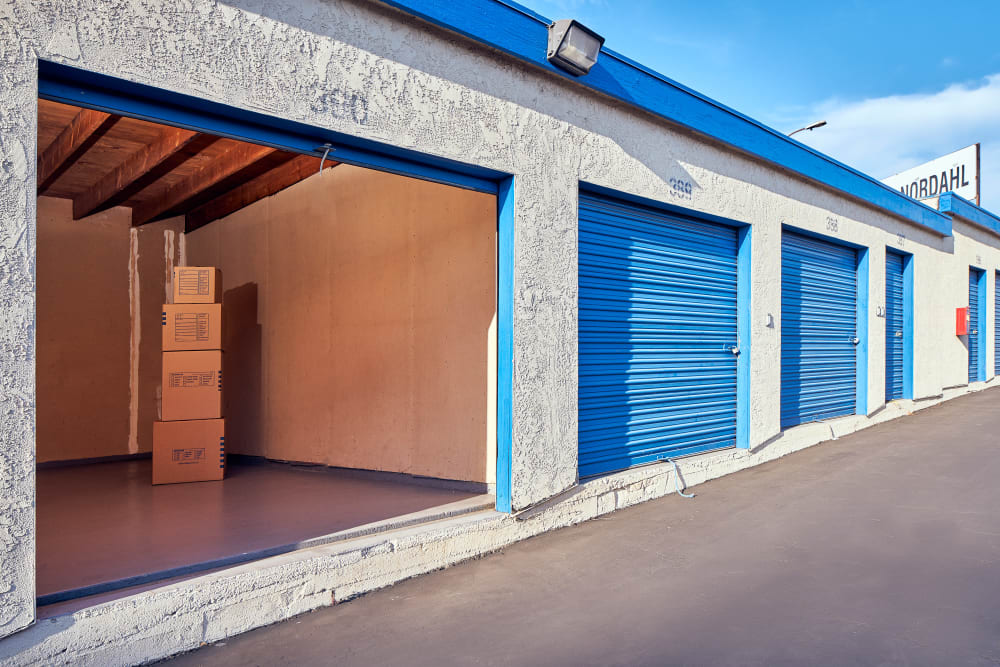 Boxes stacked in a storage unit at Stor'em Self Storage in San Marcos, California