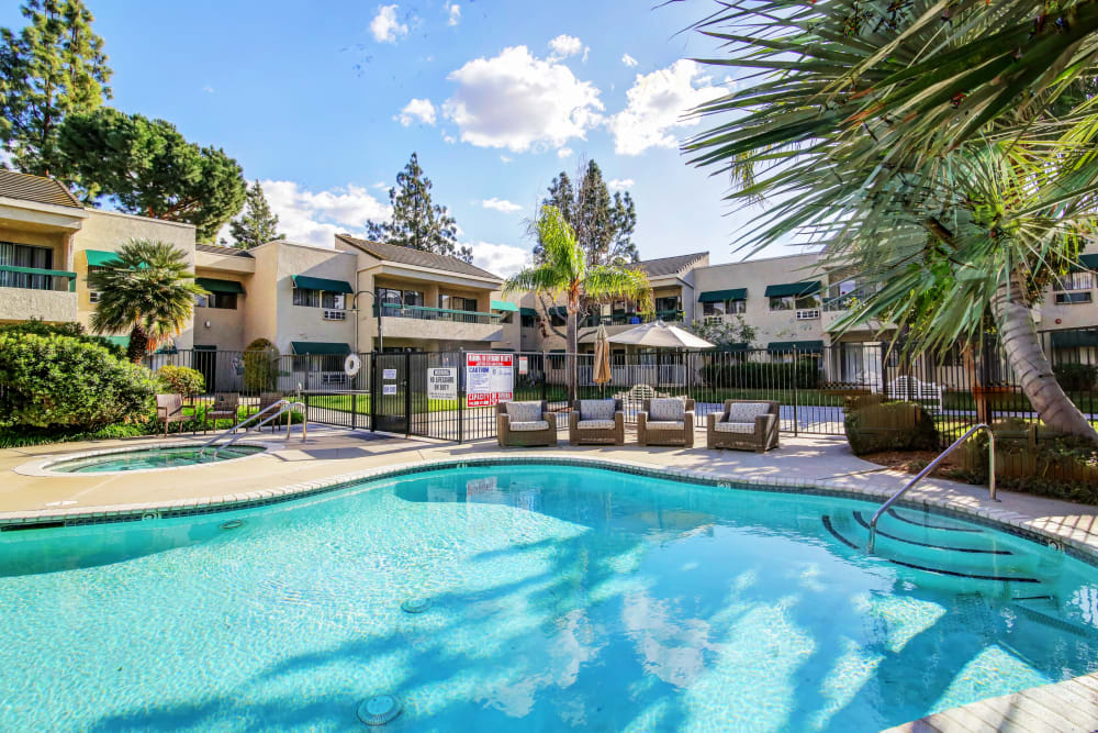 Bright blue swimming pool at Citrus Place in Riverside, California