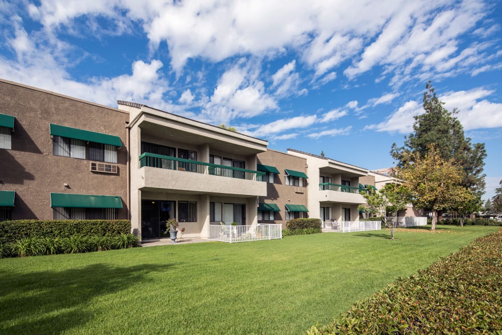 Sprawling lawn outside of Citrus Place in Riverside, California