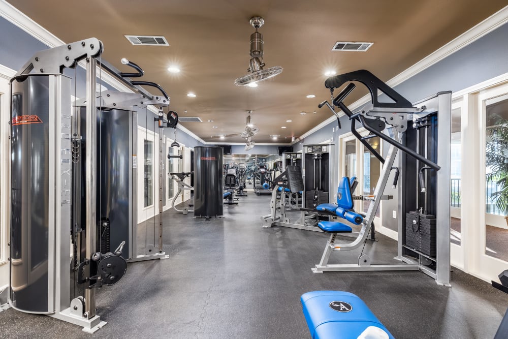 Fitness center at The Abbey at Grande Oaks in San Antonio, Texas
