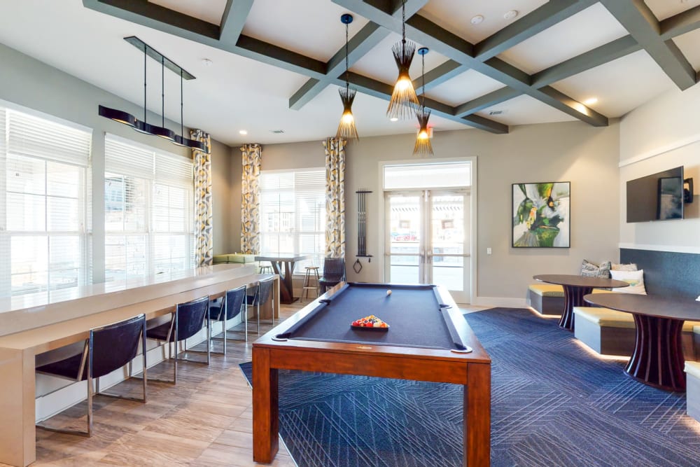 Recreation room with pool table at The Palmer in Charlotte, North Carolina