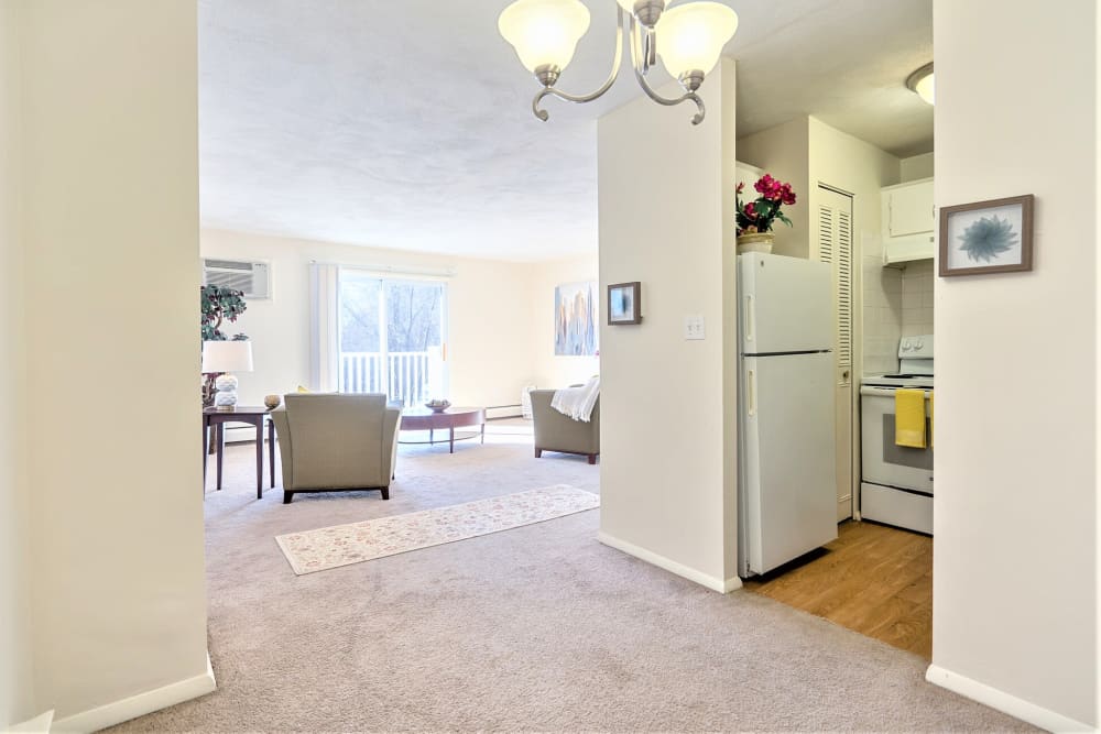 entry to kitchen and living room in apartment at Park Village West in Westborough, Massachusetts