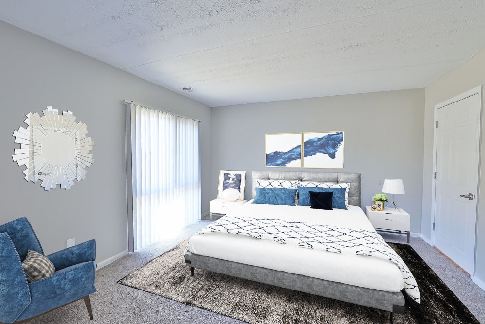 Model bedroom with great natural light at Top Field Apartment Homes in Cockeysville, Maryland