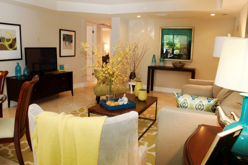 Fully furnished living room at The Heritage at Boca Raton in Boca Raton, Florida