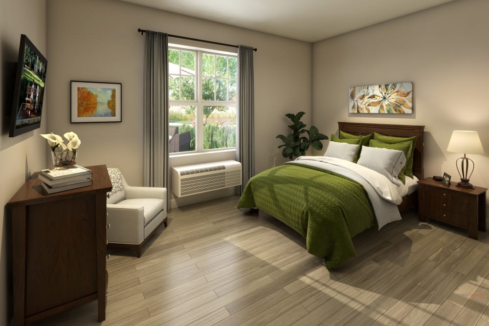 Bedroom in a model apartment at Anthology of Farmington Hills in Farmington Hills, Michigan