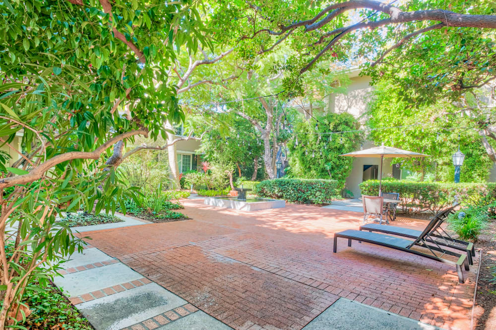 Comfortable seating area at one of the exterior courtyards with professionally maintained landscaping at Sunset Barrington Gardens in Los Angeles, California